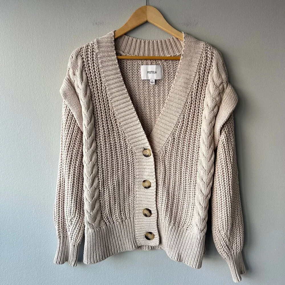 Pistola Cable Knit Cardigan Women XS Beige Chunky Knit Cotton - Picture 2 of 9